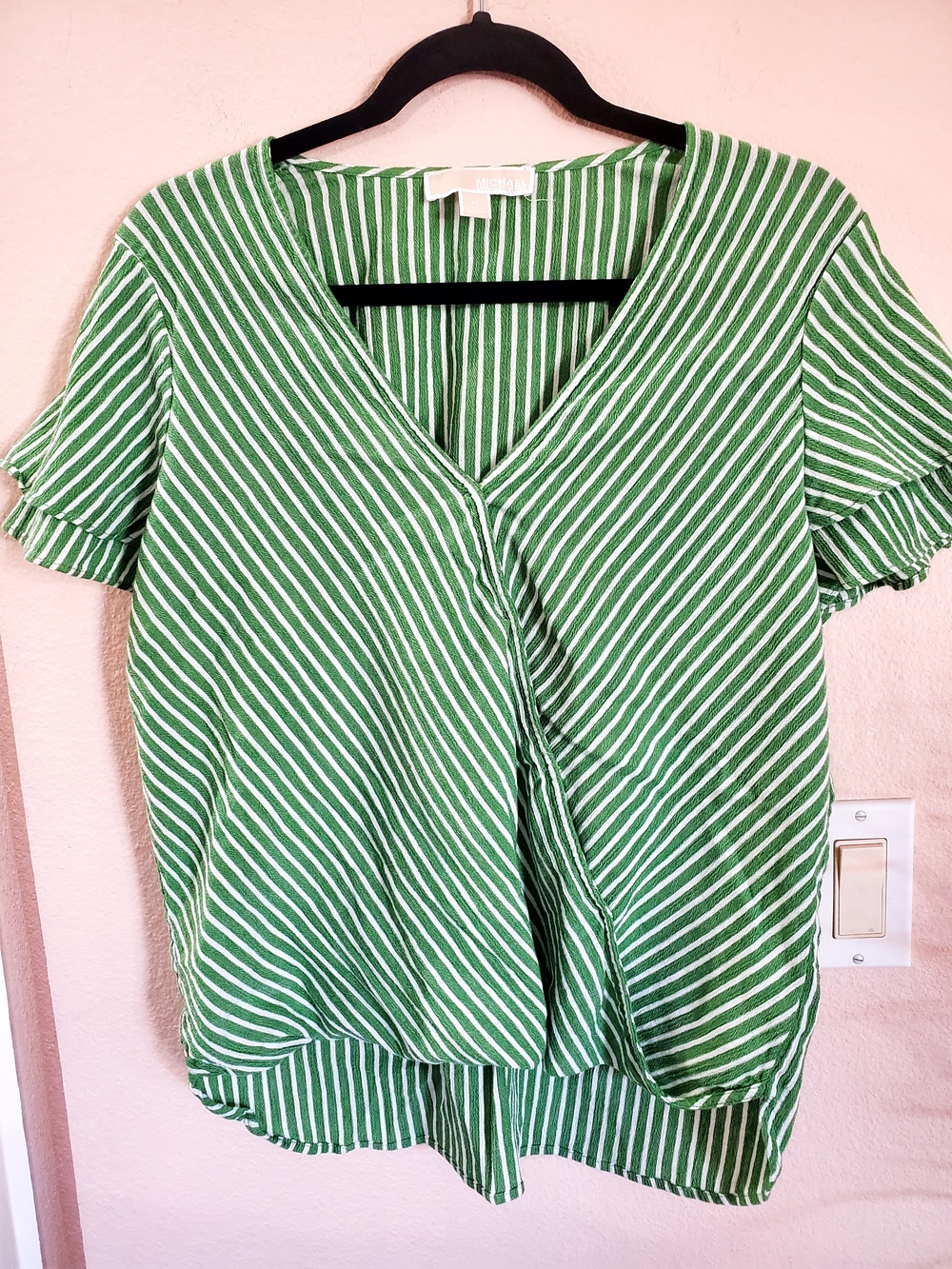 Michael Kors Green and White Chevron Striped V-Neck Faux Wrap M Blouse